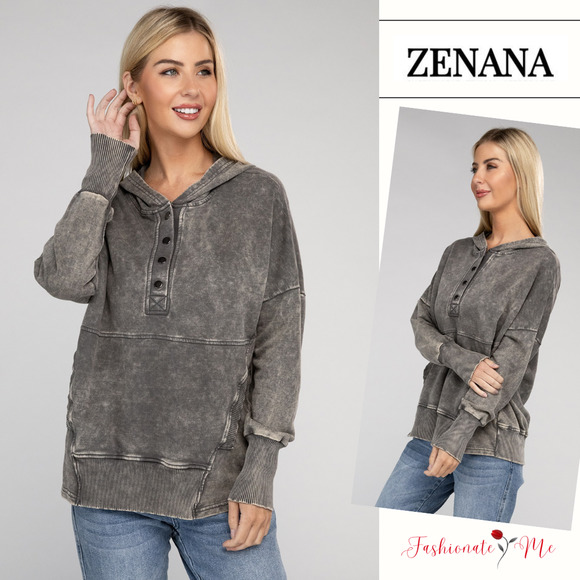 Zenana Outfitters Tops - ZENANA French Terry Acid Wash Kangaroo Pocket Hoodie Sweatshirt in Mocha Grey